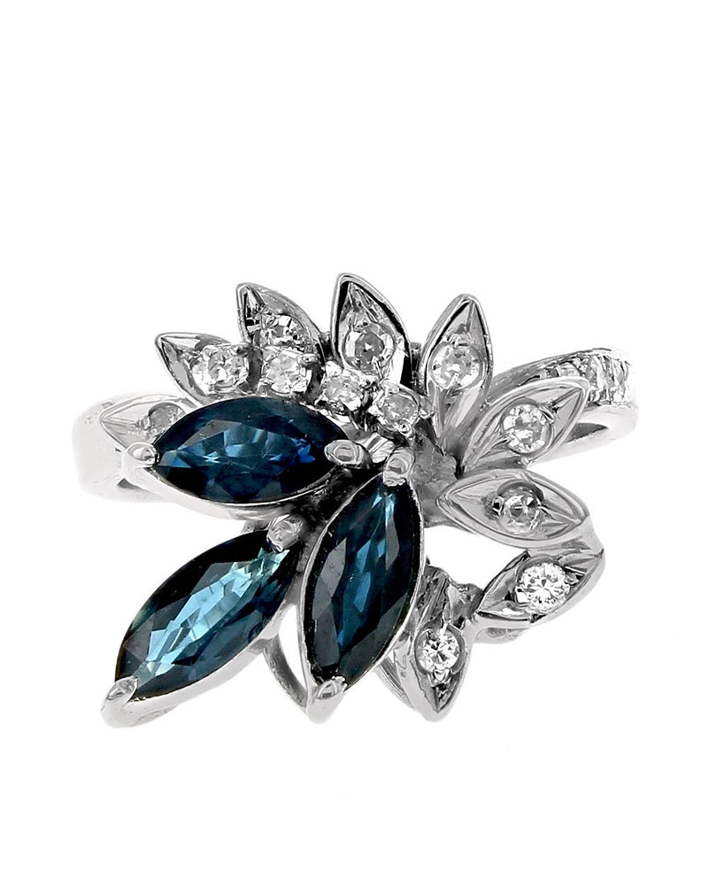 Blue Sapphire and Diamond Foliate Motif Ring in White Gold