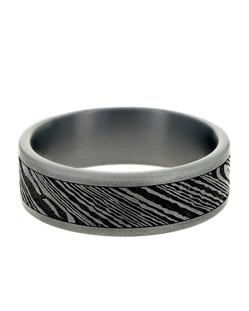 Gentlemen's Damascus Pattern Straight Edge Comfort Fit Band in Tantalum and Steel