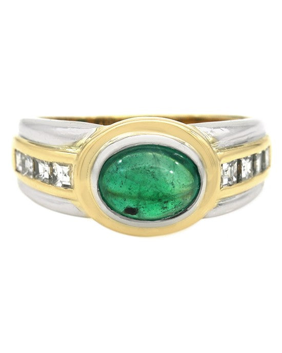 Emerald Cabochon and Diamond Tapered Ring