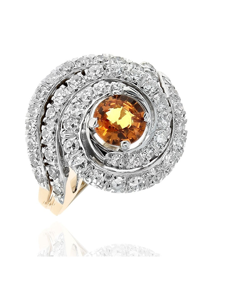 Orange Sapphire and Diamond Swirl Split Shank Ring in White and Yellow Gold