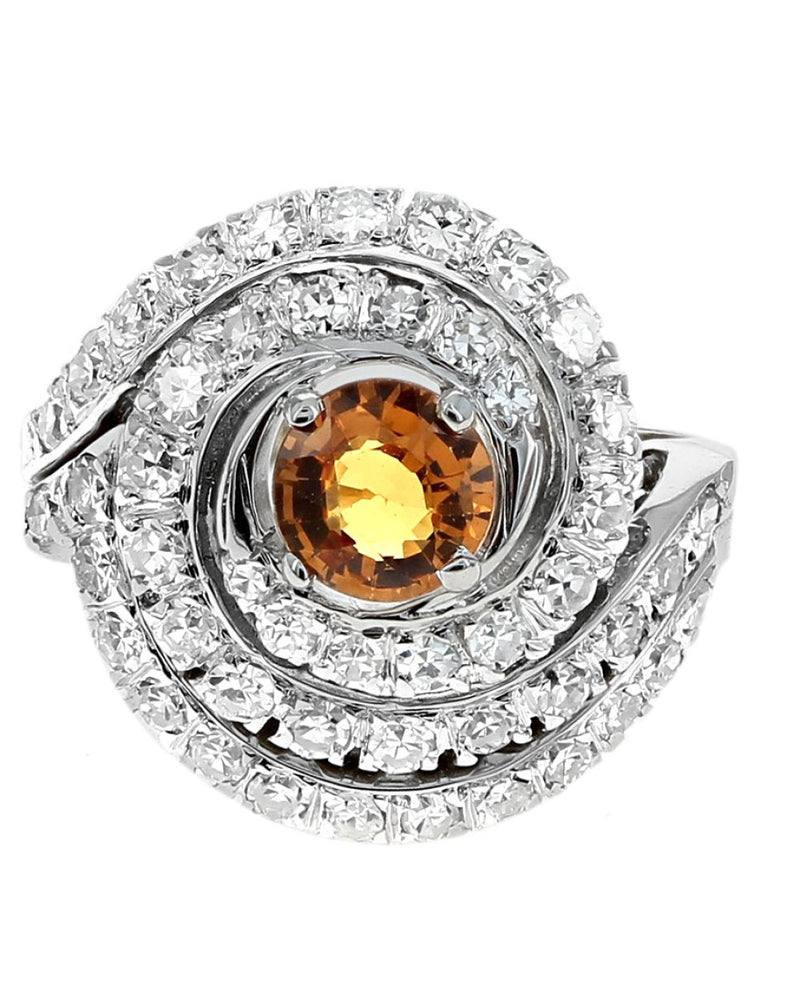 Orange Sapphire and Diamond Swirl Split Shank Ring in White and Yellow Gold