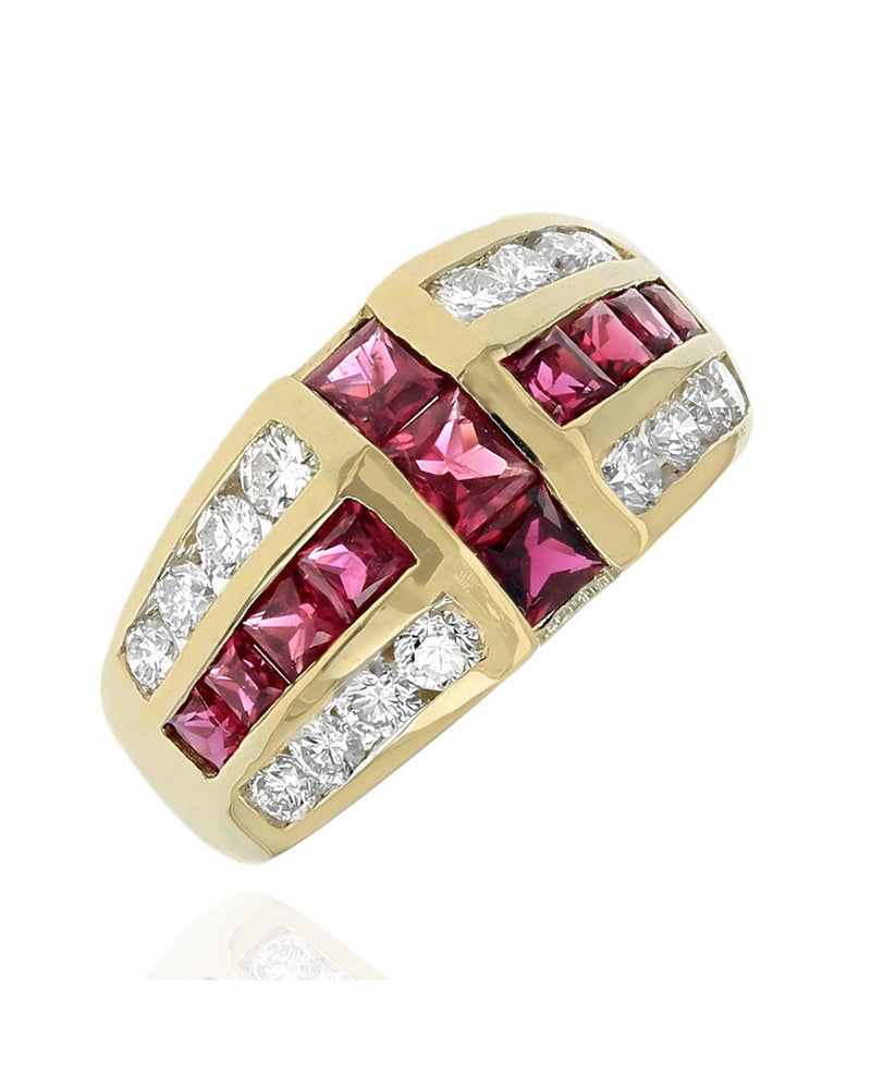 3 Row Alternating Ruby and Diamond Ring