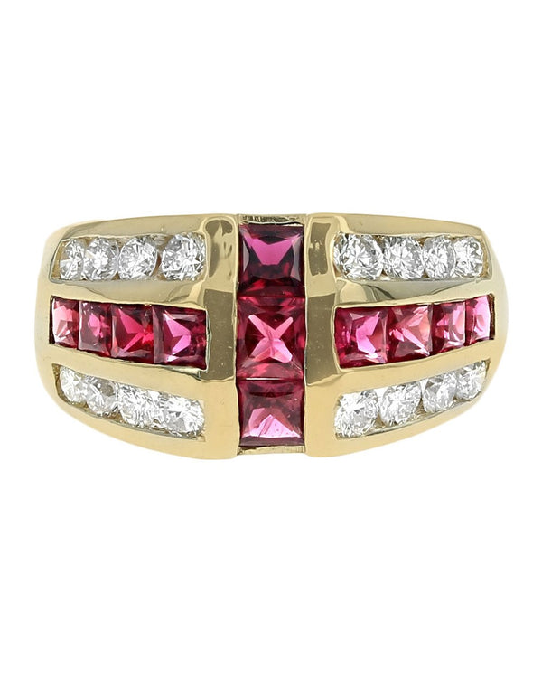 3 Row Alternating Ruby and Diamond Ring