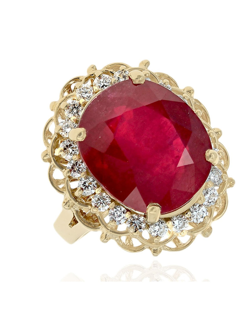 Fracture Filled Ruby and Diamond Halo Cocktail Ring