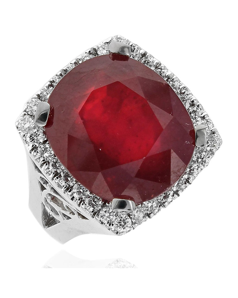 Fracture Filed Ruby and Diamond Halo Cocktail Ring