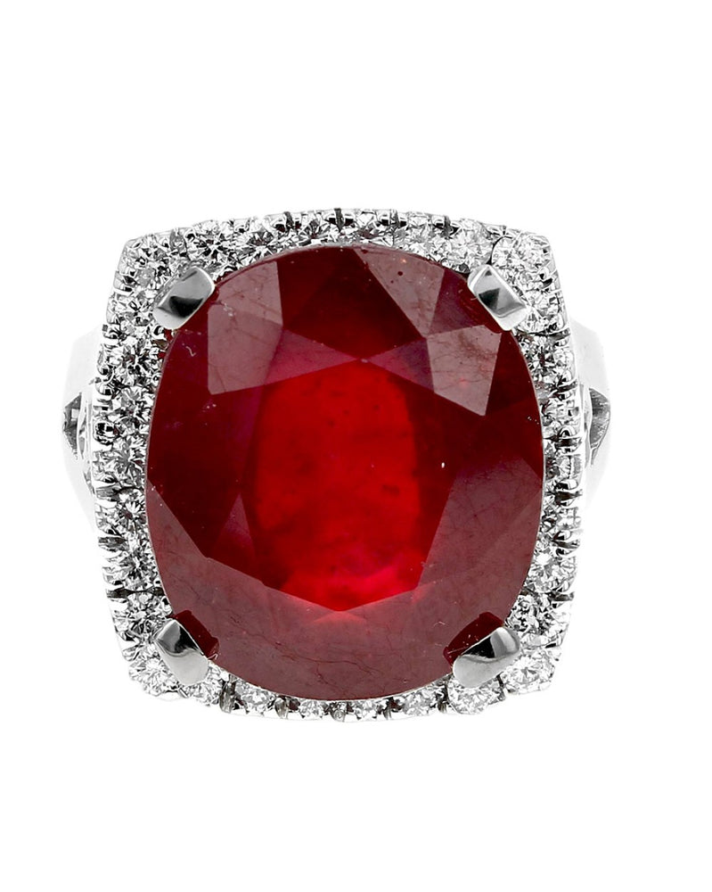 Fracture Filed Ruby and Diamond Halo Cocktail Ring