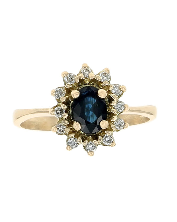 Dark Blue Australian Sapphire and Diamond Halo Ring in Yellow Gold