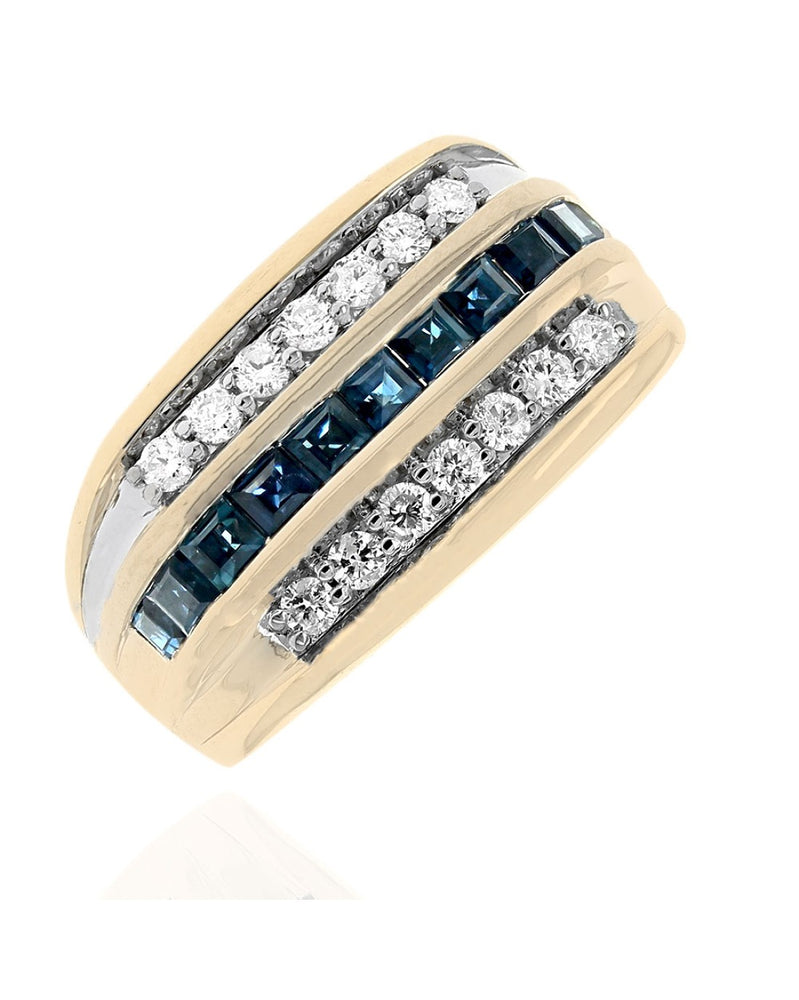 Gentlemen's Alternating 3 Row Diamond and Blue Sapphire Ring in White and Yellow Gold