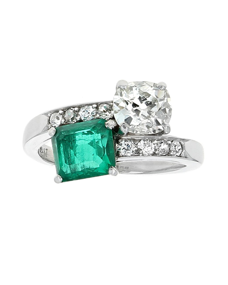 Emerald and Diamond Bypass Ring in Platinum