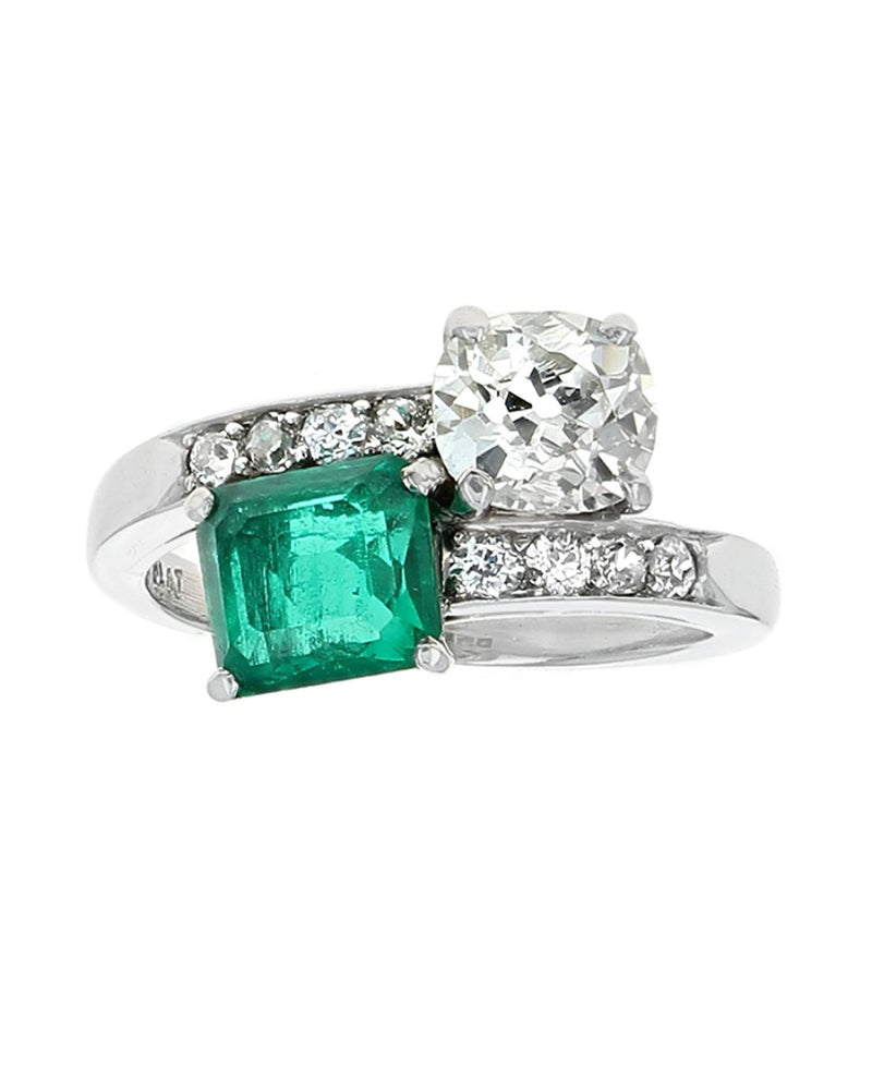 Emerald and Diamond Bypass Ring in Platinum