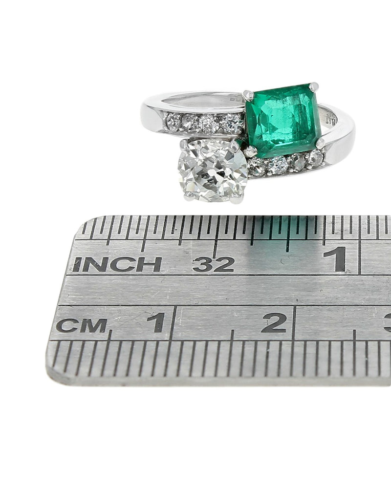 Emerald and Diamond Bypass Ring in Platinum