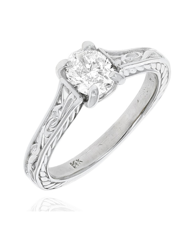 Oval Diamond Solitaire Etched Engagement Ring