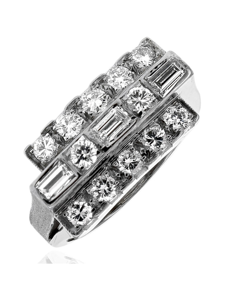 3 Row Round and Baguette Diamond Staggered Ring