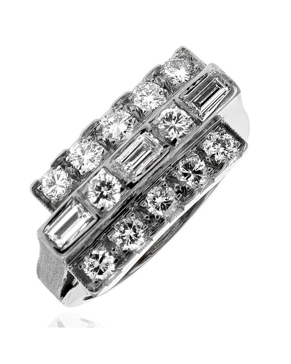 3 Row Round and Baguette Diamond Staggered Ring