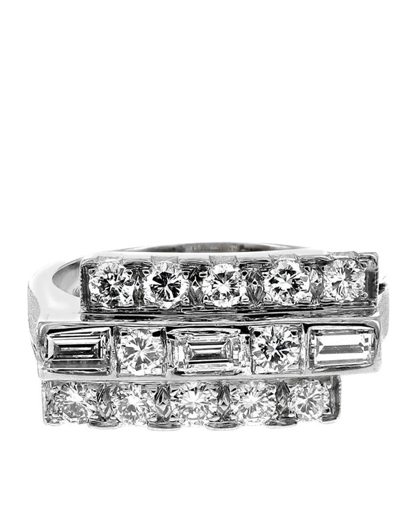 3 Row Round and Baguette Diamond Staggered Ring