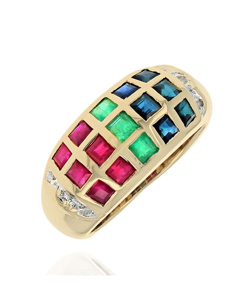 Ruby, Emerald, Blue Sapphire, and Diamond Accent Ring in Yellow Gold