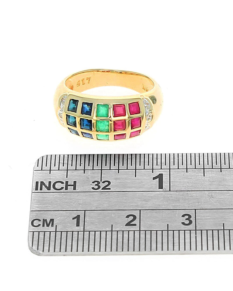 Ruby, Emerald, Blue Sapphire, and Diamond Accent Ring in Yellow Gold