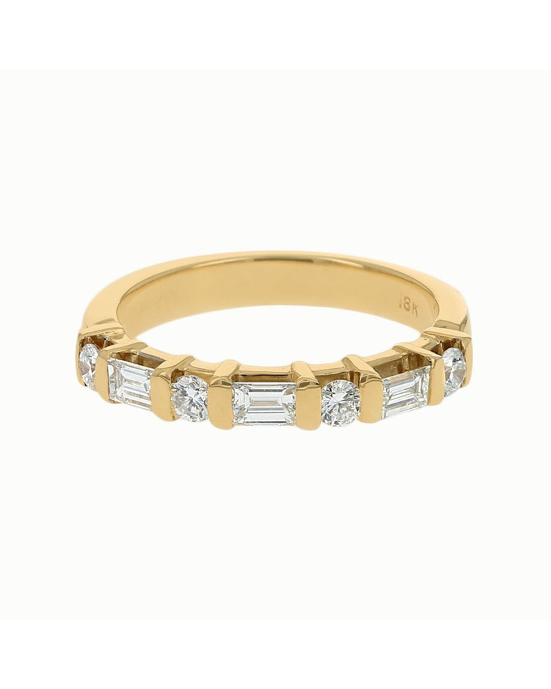 Alternating Bar Set Round and Baguette Diamond Ring