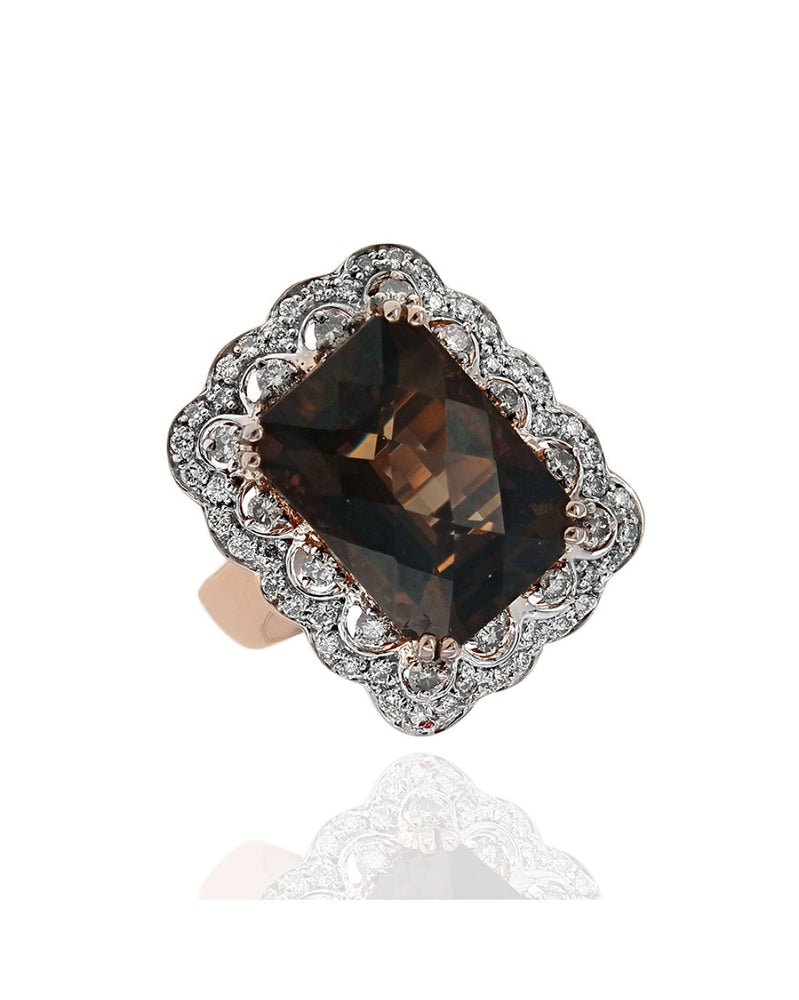 Smokey Quartz and Diamond Halo Scalloped Edge Ring