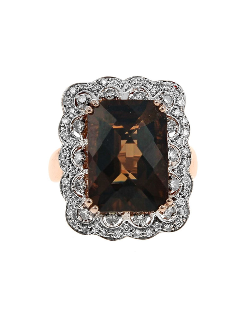 Smokey Quartz and Diamond Halo Scalloped Edge Ring