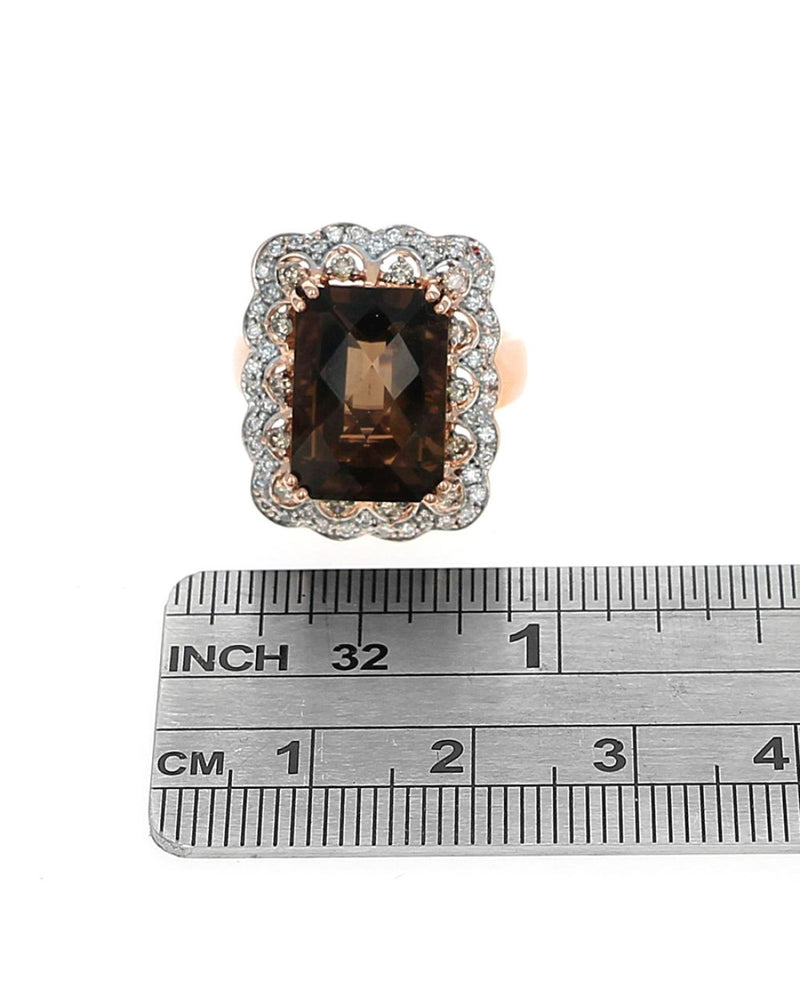 Smokey Quartz and Diamond Halo Scalloped Edge Ring