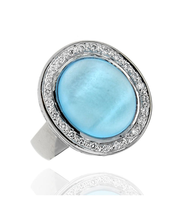 Frosted Blue Topaz Cabochon Diamond Halo Ring