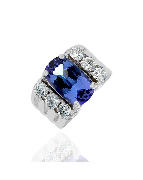 Tanzanite Cushion and Diamond Fluted Ring