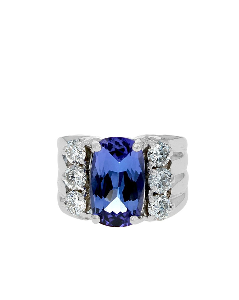 Tanzanite Cushion and Diamond Fluted Ring