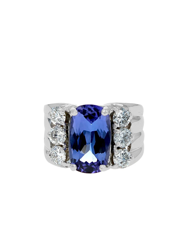 Tanzanite Cushion and Diamond Fluted Ring