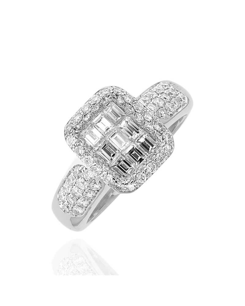 Invisible Set Baguette Diamond And Round Diamond Halo Ring