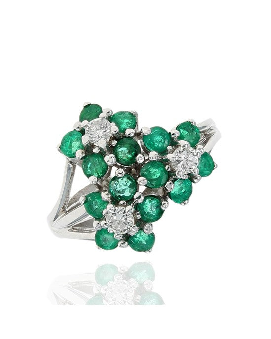 Emerald and Diamond Flower Cluster Ring in White Gold