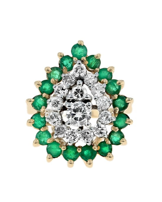 Diamond and Emerald Double Halo Ring in White and Yellow Gold