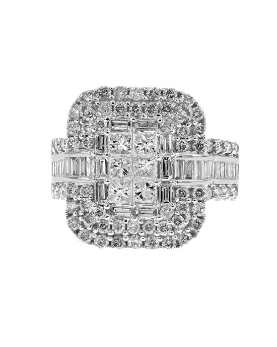 Three Row Mixed Cut Diamond Triple Halo Ring in White Gold