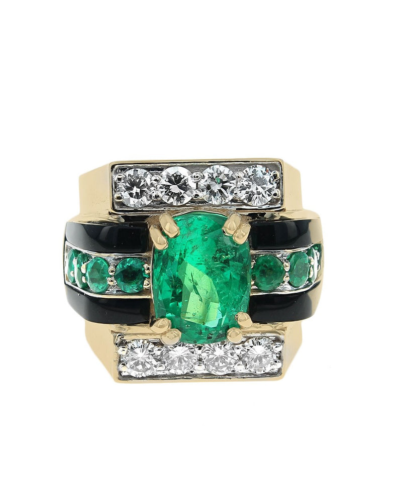 Emerald, Diamond, and Black Onyx Cocktail Ring in White and Yellow Gold