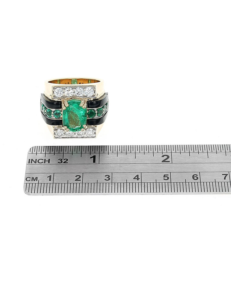 Emerald, Diamond, and Black Onyx Cocktail Ring in White and Yellow Gold