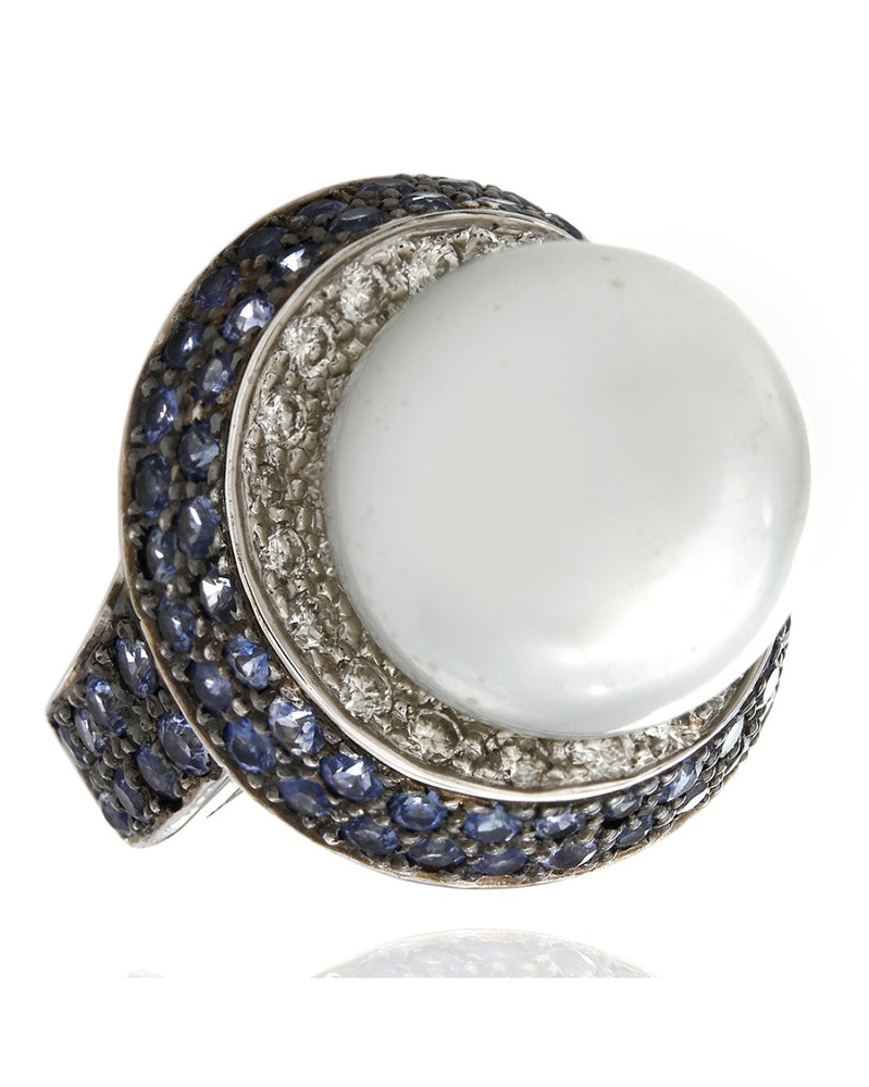 South Sea Pearl, Sapphire and Diamond Swirl Ring