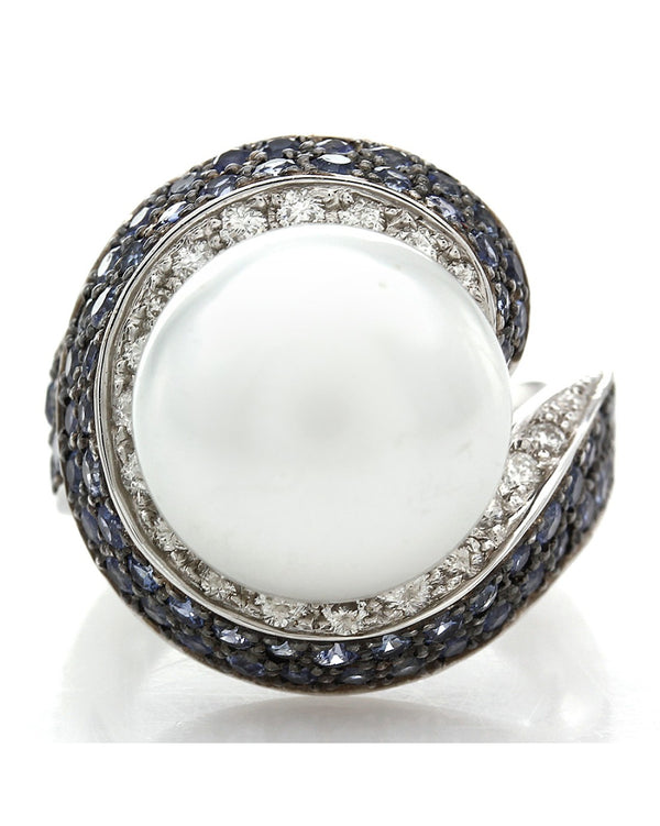 South Sea Pearl, Sapphire and Diamond Swirl Ring