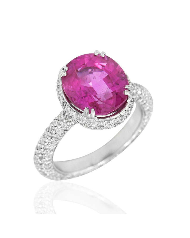 Pink Sapphire and Pave Diamond Ring in Gold