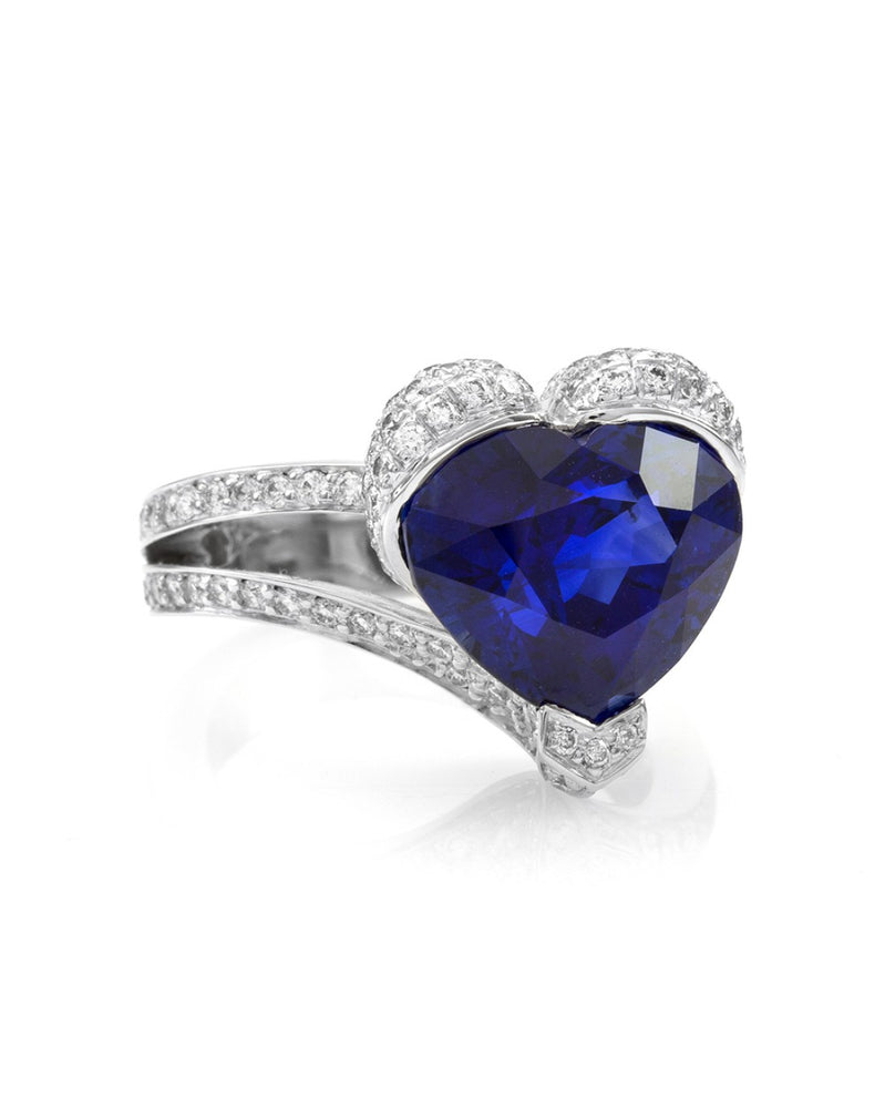 Custom Ceylon Sapphire & Pave Diamond Double Shank Ring in 18K White Gold