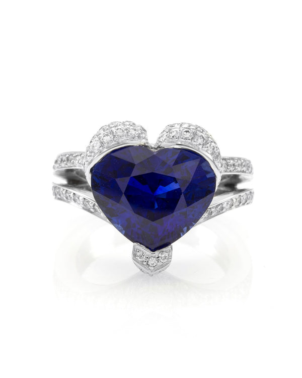 Custom Ceylon Sapphire & Pave Diamond Double Shank Ring in 18K White Gold