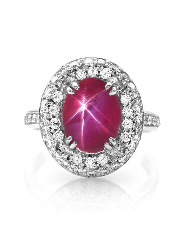 Star Ruby and Pave Diamond Halo Ring in Gold