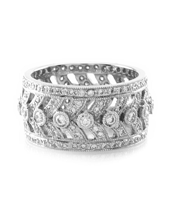 Pave Diamond Cigar Eternity Band with Milgrain Details in 18K White Gold