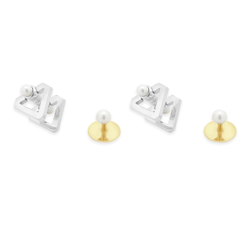 Tiffany & Co. Platinum Triangle Cufflinks and 18k Yellow Gold 5mm Pearl Studs Tuxedo Set
