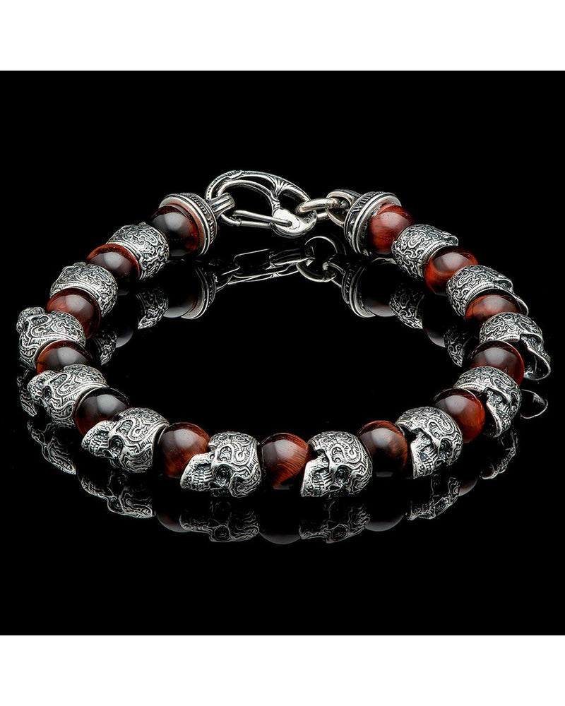 William Henry Motivation Silver Red Tigers Eye Sugar Skull Bead Bracelet BB4 RTE