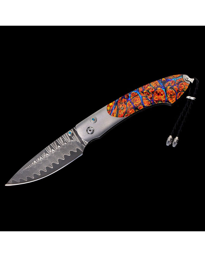 William Henry Spearpoint Red Flash Dichroic Glass Damascus Steel Pocket Knife