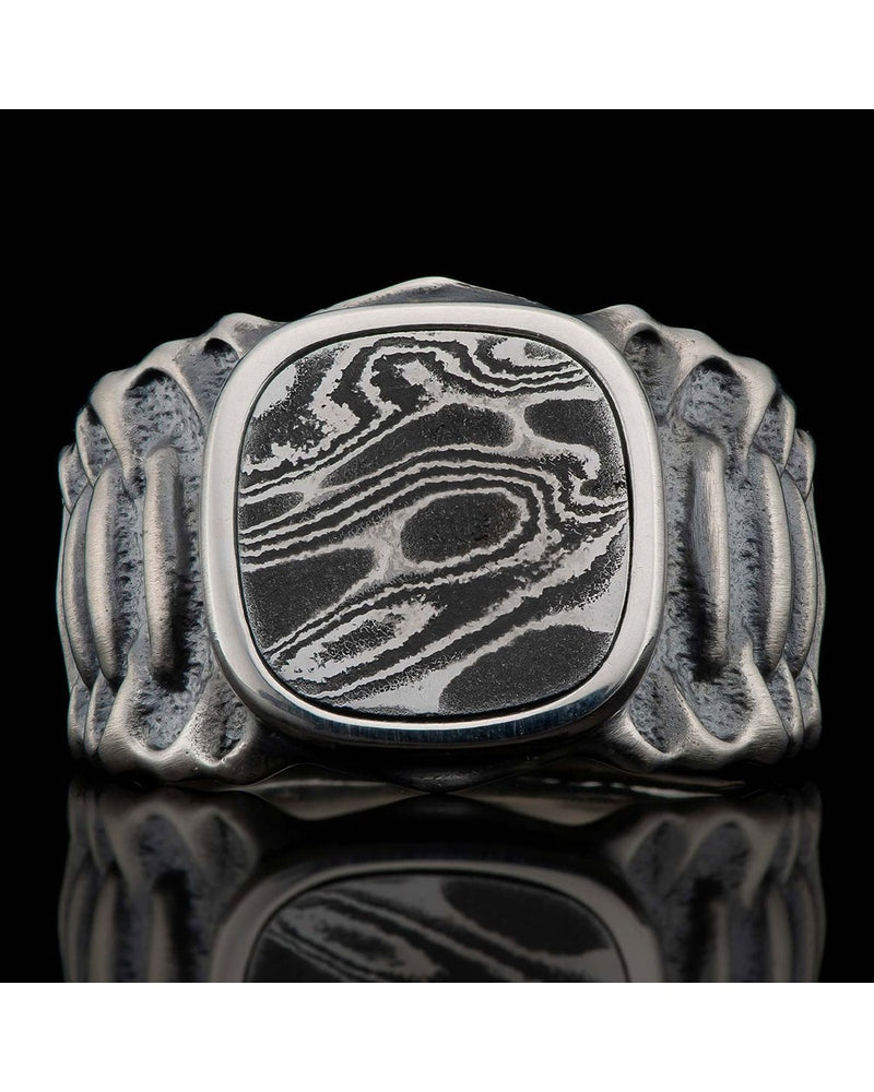 William Henry Echelon Sterling Silver Damascus Steel Inlay Ring SZ 10