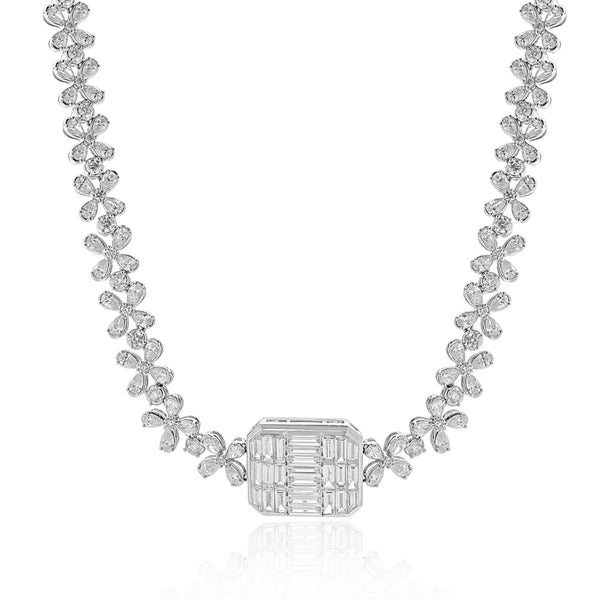 18 Karat White Gold Multi Shape Diamond Floral Necklace with Mosaic Centerpiece
