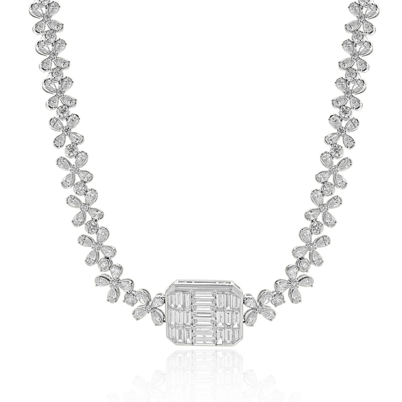 18 Karat White Gold Multi Shape Diamond Floral Necklace with Mosaic Centerpiece