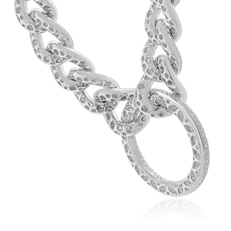 18 Karat White Gold Pave Diamond Cuban Link Necklace with Open Circle Centerpiece