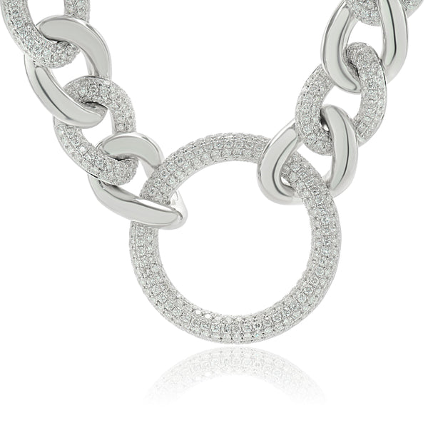 18 Karat White Gold Pave Diamond Cuban Link Necklace with Open Circle Centerpiece
